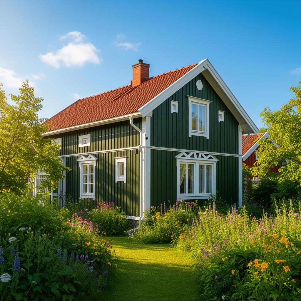 Nöjda husköpare framför sitt nya hus efter genomförd överlåtelsebesiktning