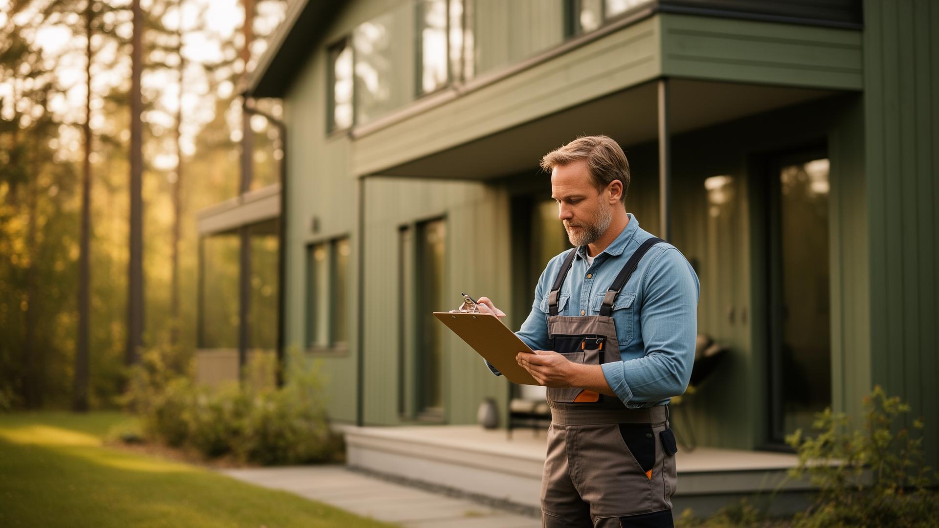 Certifierad besiktningsman dokumenterar en överlåtelsebesiktning vid en svensk villa